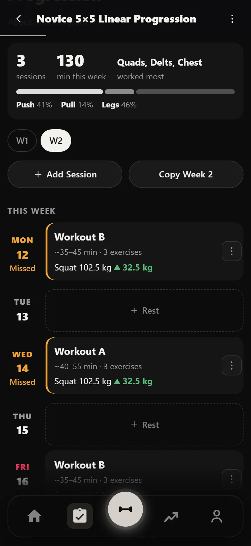 The planner on a phone: this week at a glance, the week chips, Add Session and Copy Week, then each day beside its session card