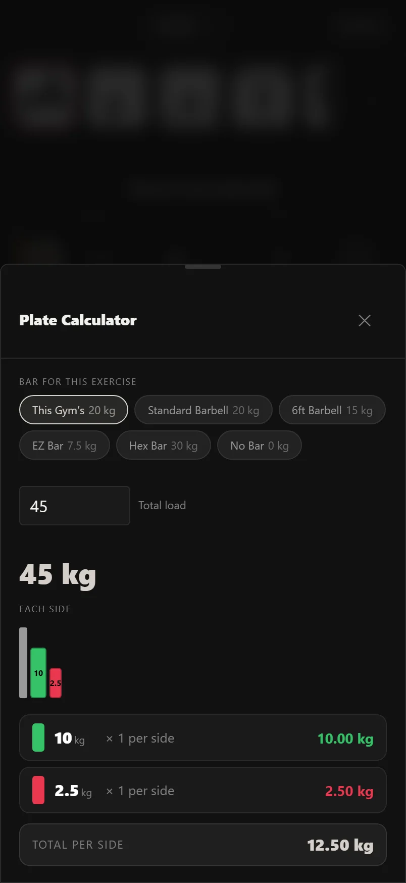 Durata plate calculator showing a per-side plate breakdown drawn as colour-coded plates on a bar