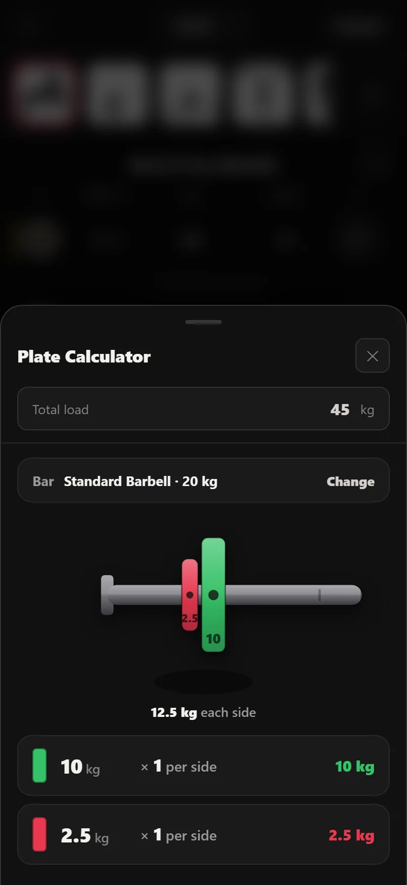 Durata plate calculator showing a per-side plate breakdown drawn as colour-coded plates on a bar