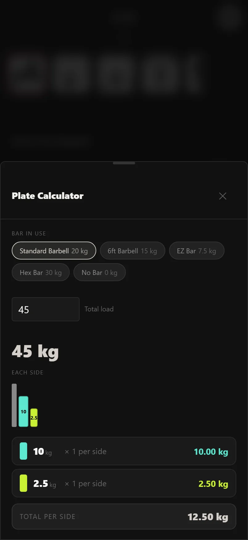 Durata plate calculator showing a per-side plate breakdown drawn as colour-coded plates on a bar
