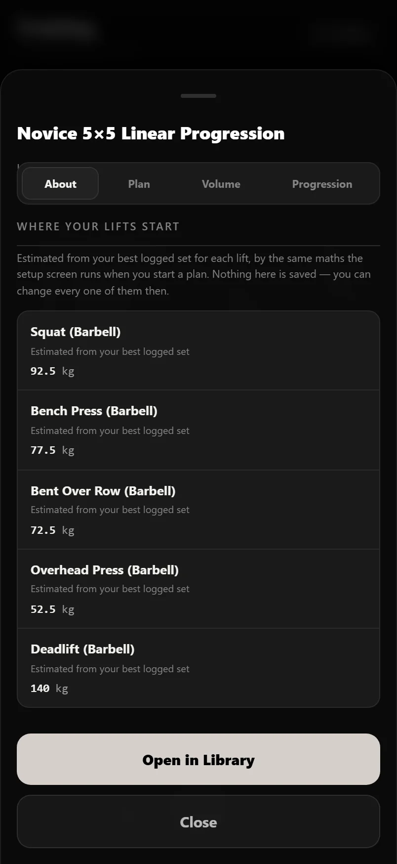 The Where your lifts start table on a program page in Discover, listing each main lift with the weight it would open at