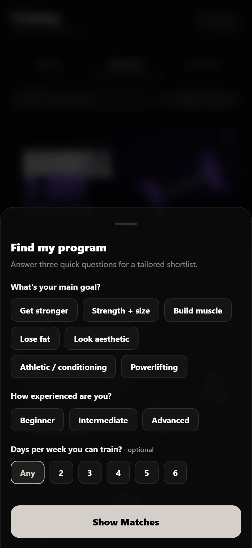 The Program Finder sheet with three questions and a ranked shortlist showing a Top pick badge