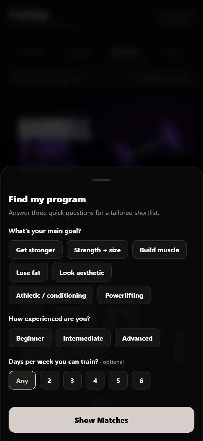 The Program Finder sheet with three questions and a ranked shortlist showing a Top pick badge