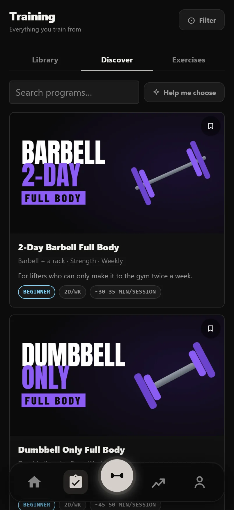 The Discover tab showing the program catalog with cover art, search bar and filter controls