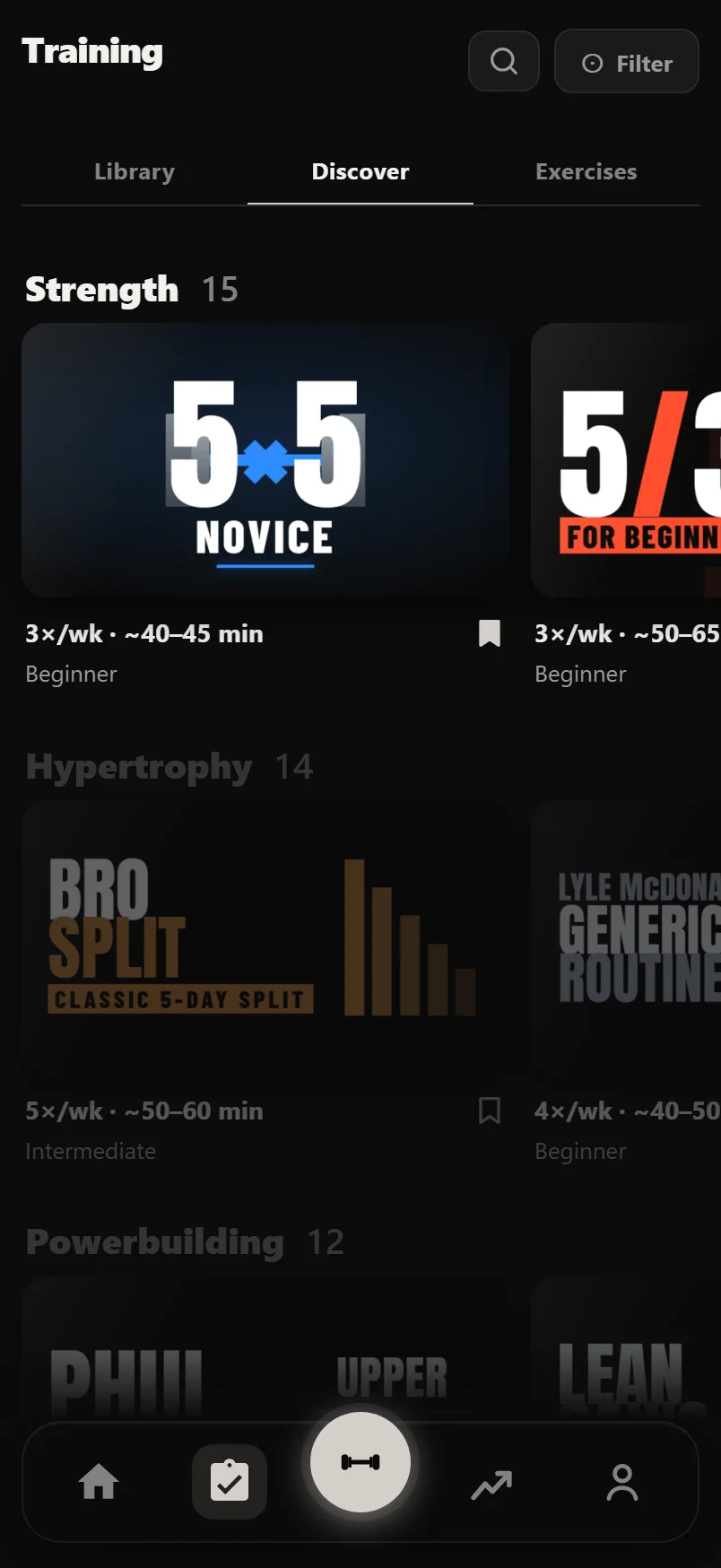Discover: shelves of program covers you swipe sideways, the lit shelf in the middle