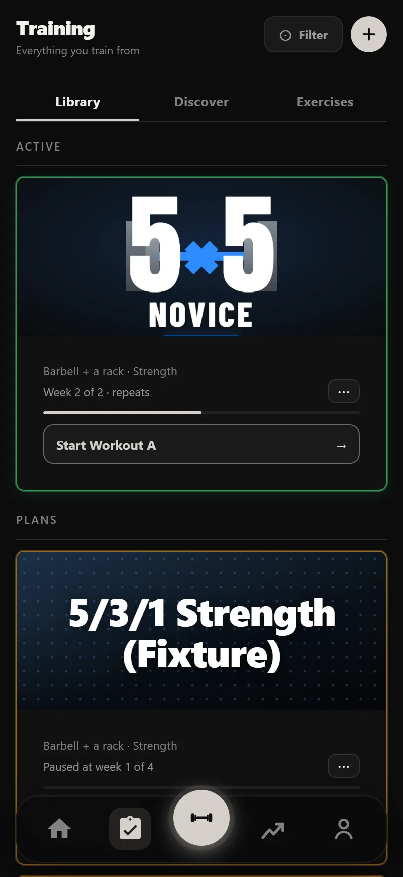 The Training hub's Library tab showing an active plan card with its Start control above a list of standalone sessions