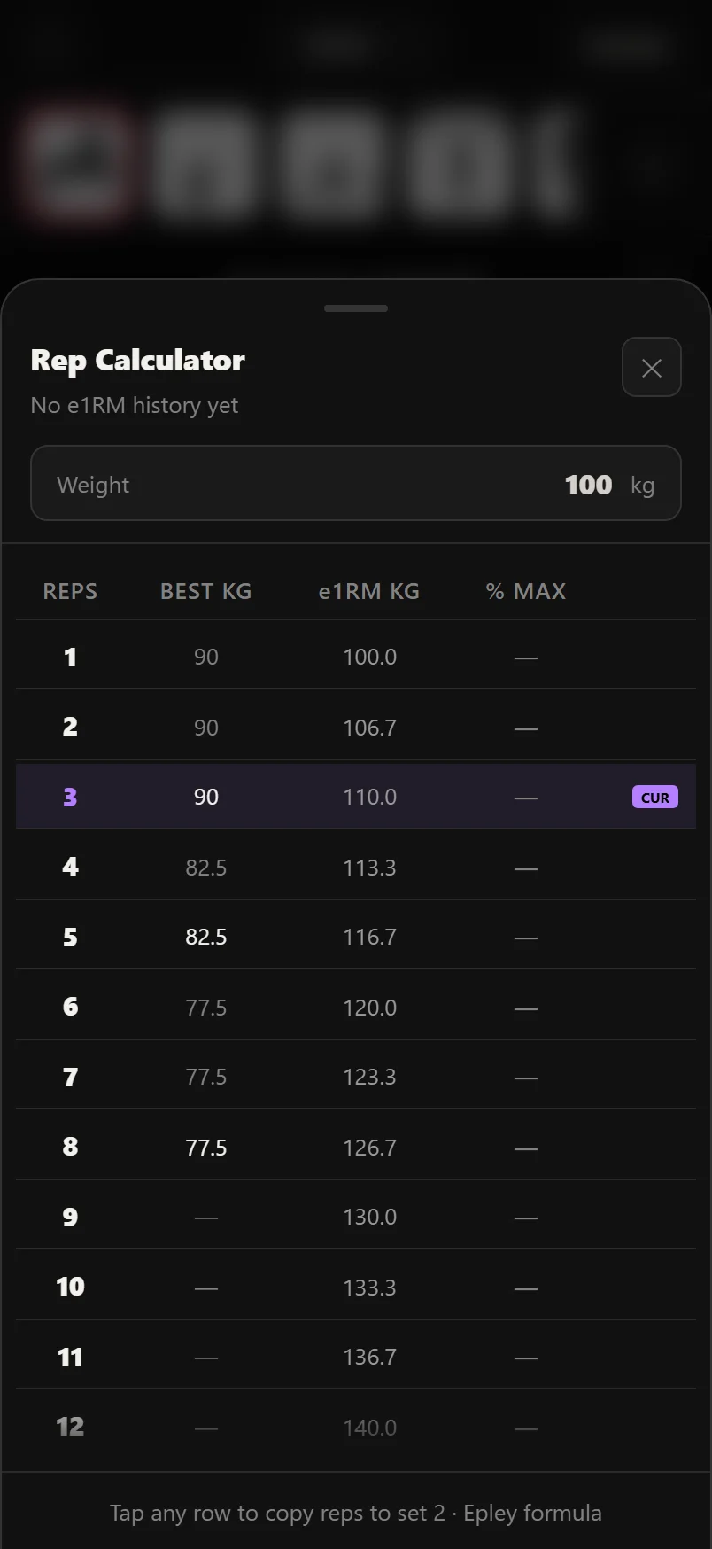 Durata rep max calculator estimating a one-rep max from a weight and rep count, with a percentage table