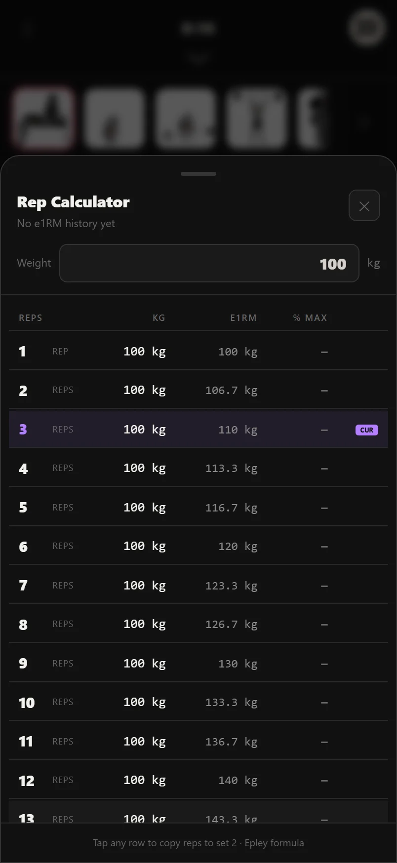 Durata rep max calculator estimating a one-rep max from a weight and rep count, with a percentage table