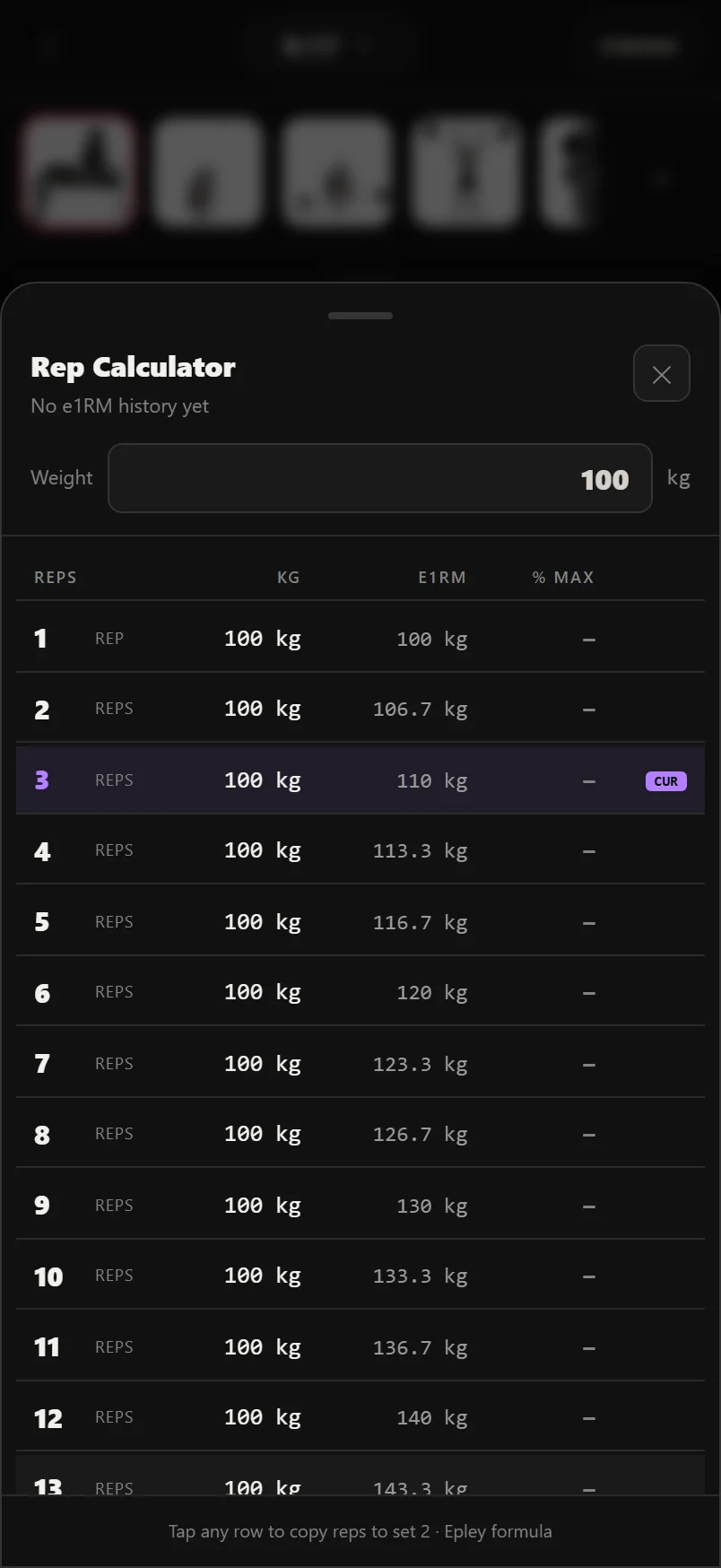Durata rep max calculator estimating a one-rep max from a weight and rep count, with a percentage table