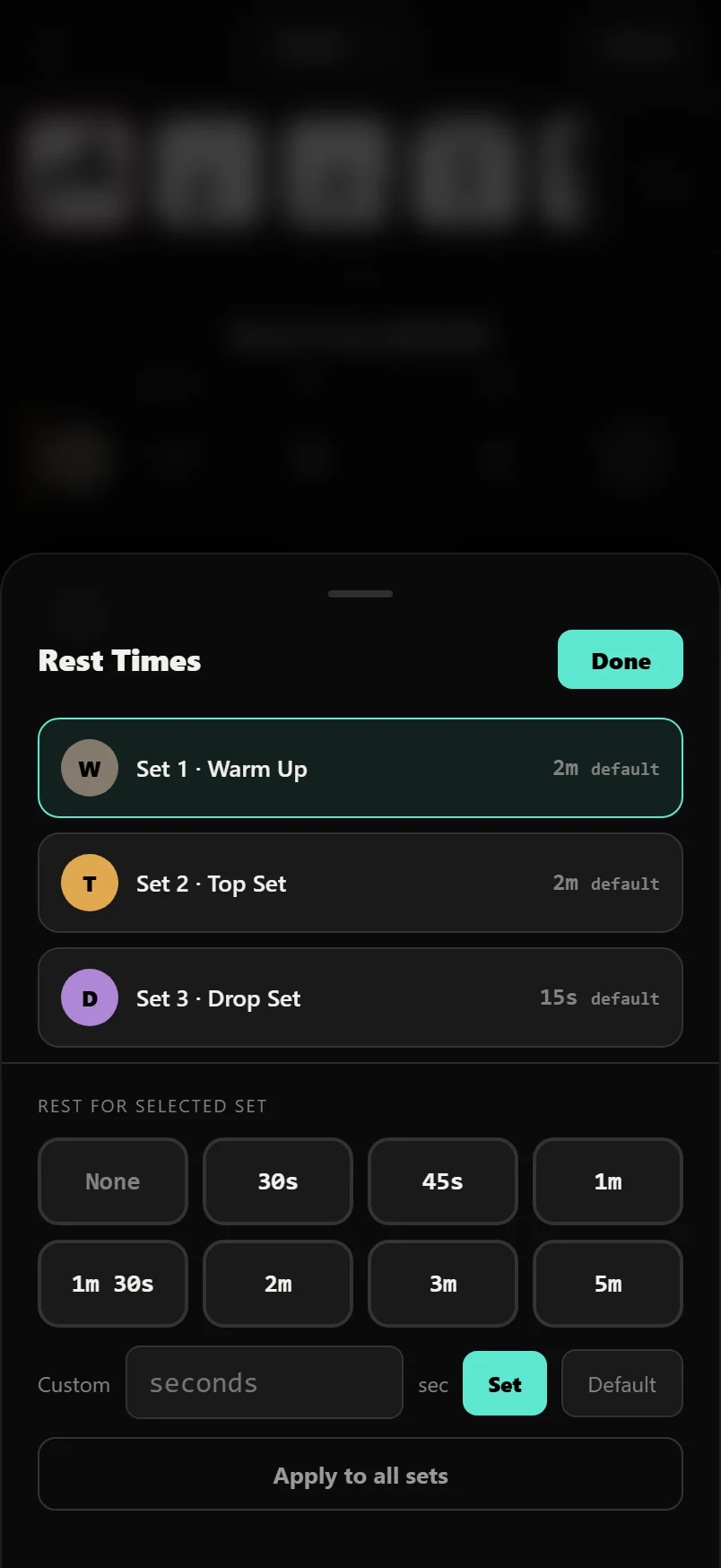The Rest Times drawer listing each set with preset rest chips, a custom field and an Apply to all sets button