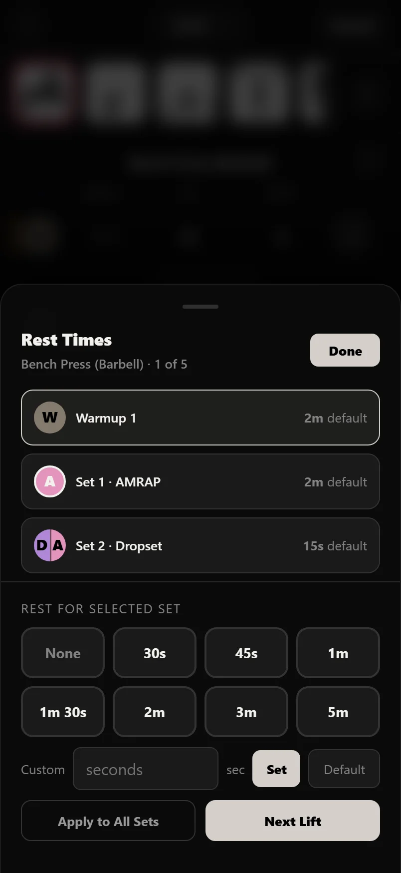 The Rest Times sheet listing each set of a lift with its rest, preset chips, and Apply to All Sets and Next Lift buttons