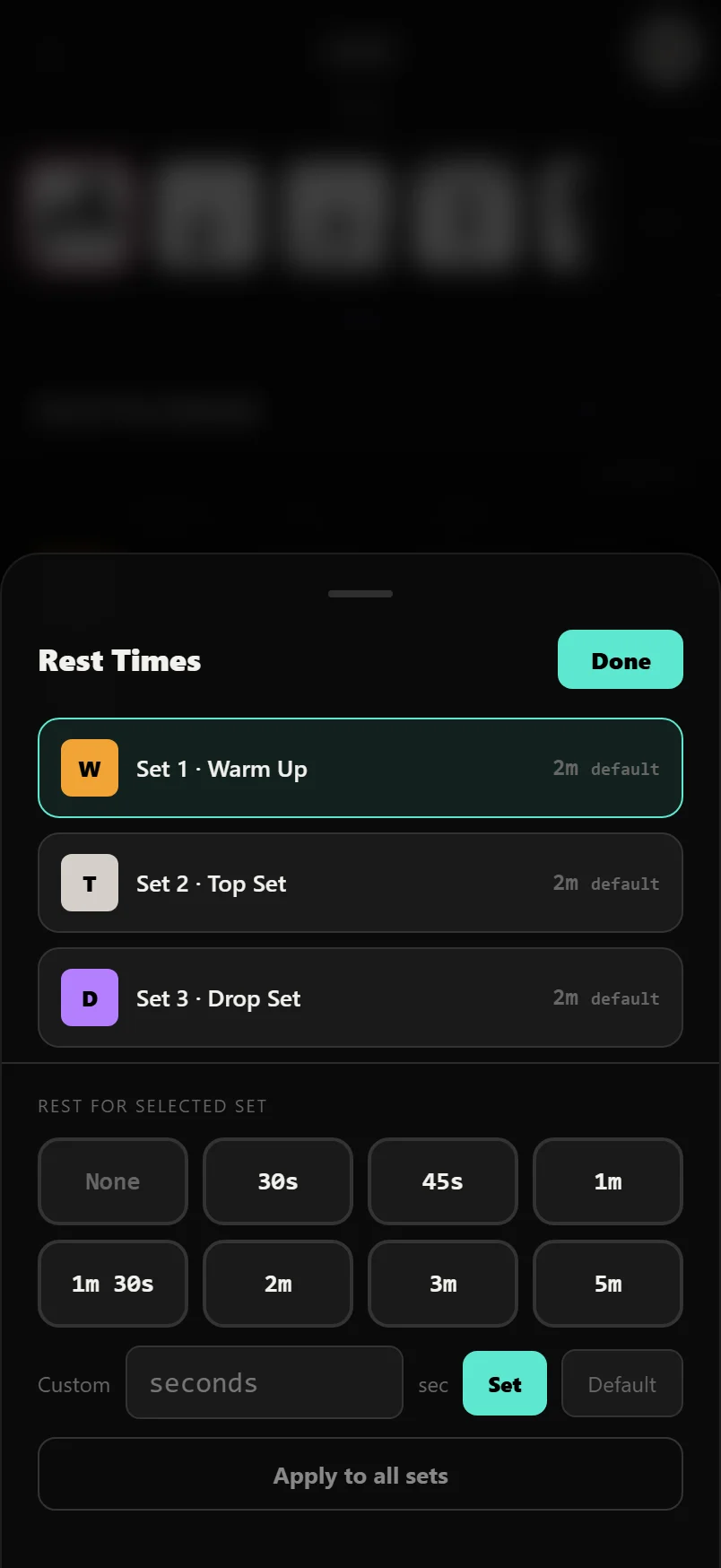 The Rest Times drawer listing each set with preset rest chips, a custom field and an Apply to all sets button