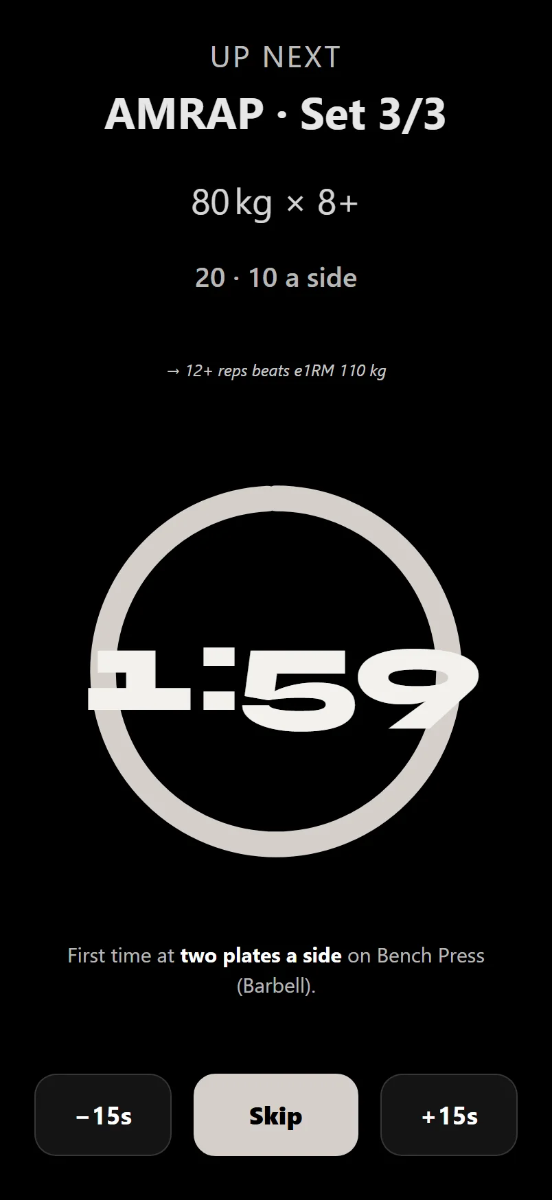 Durata full-screen rest timer showing the countdown, plus and minus 15 second buttons and a preview of the next set