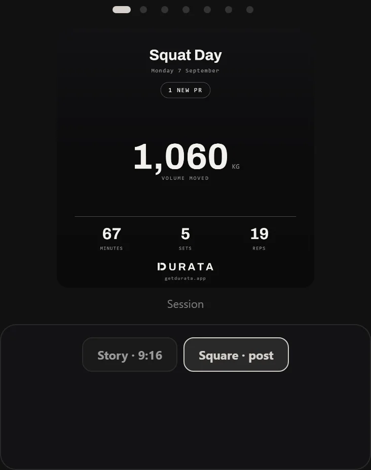 The Durata share sheet after a workout showing a stack of card styles to choose from