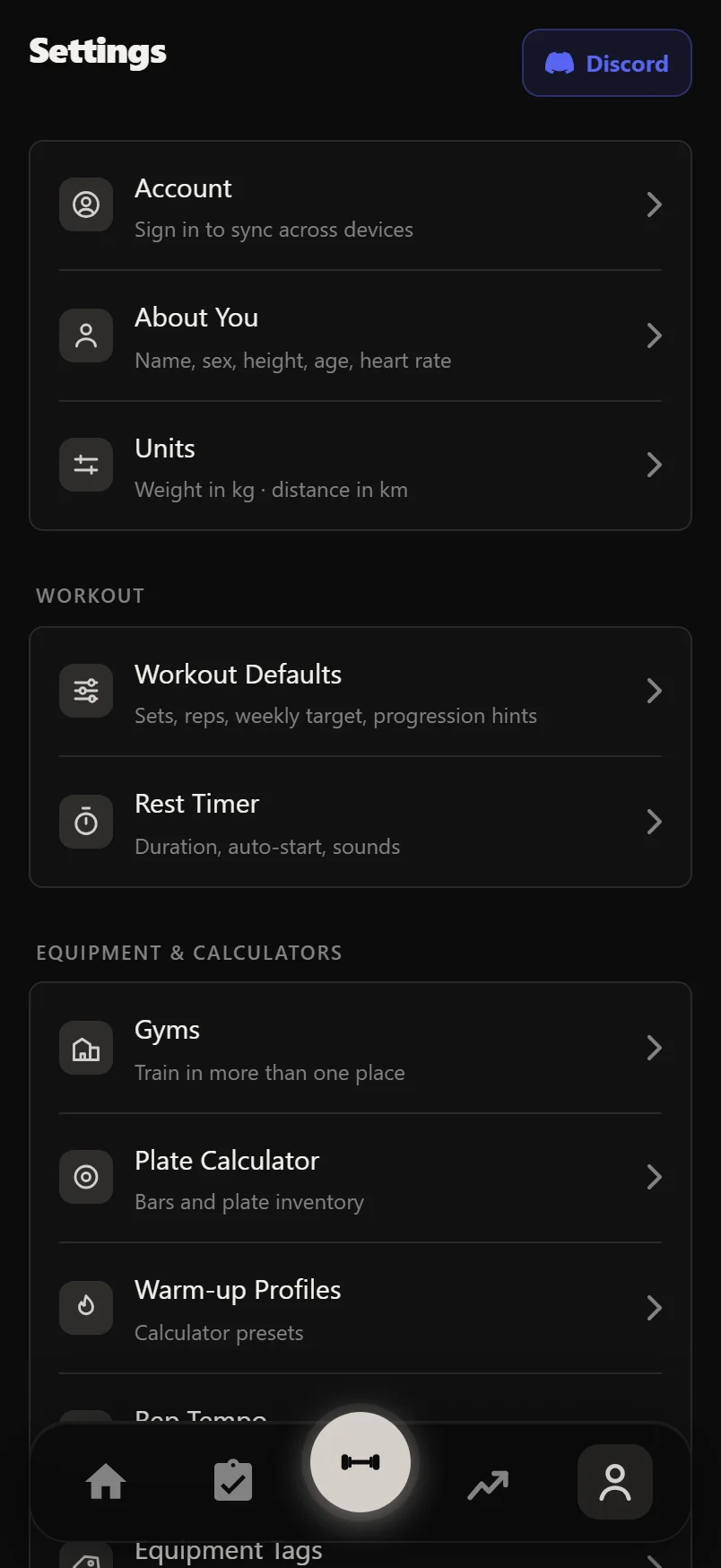 Durata Settings panel showing the account card welded to About You and Units, above the Workout and Equipment sections