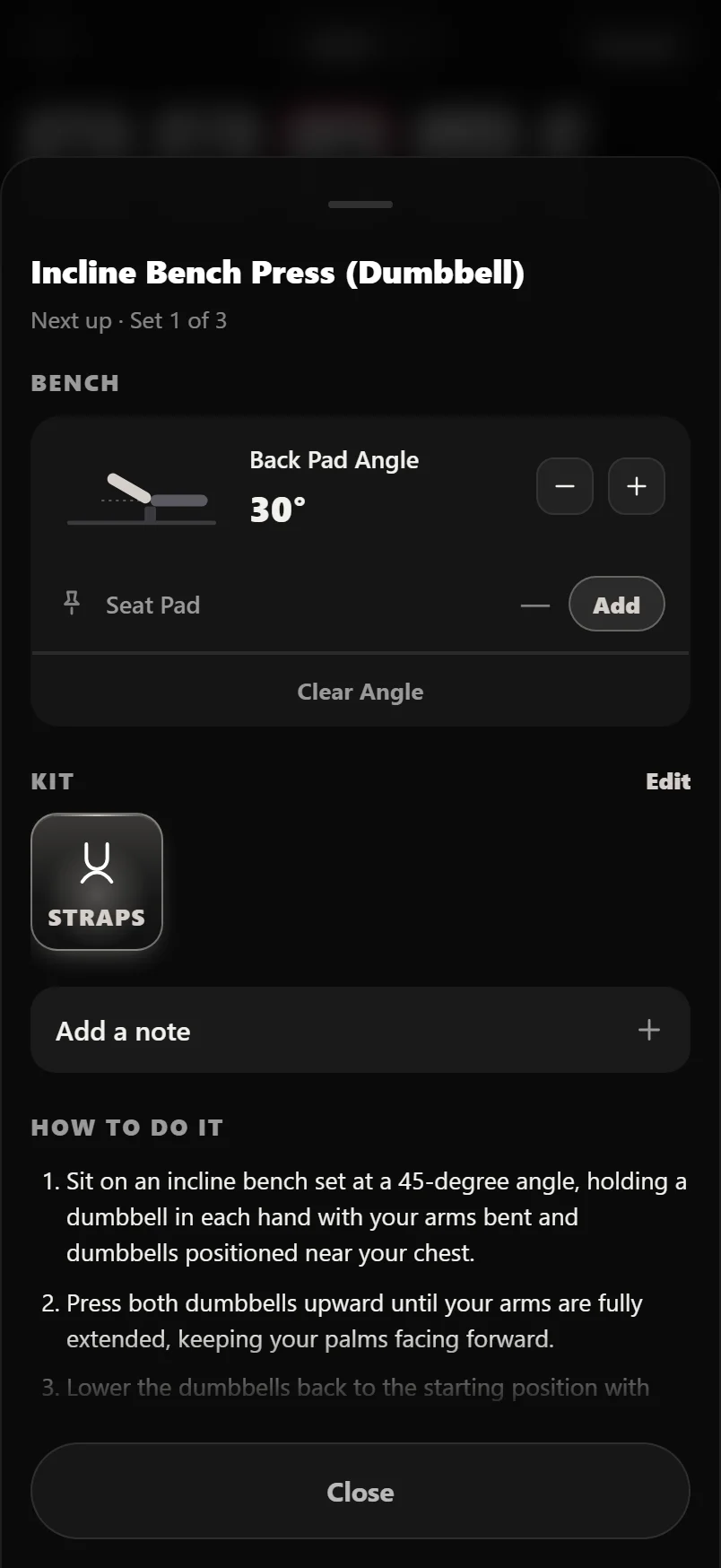 The Bench card in the Set Up sheet, drawing a bench at 30 degrees with plus and minus buttons and a seat pad notch row beneath