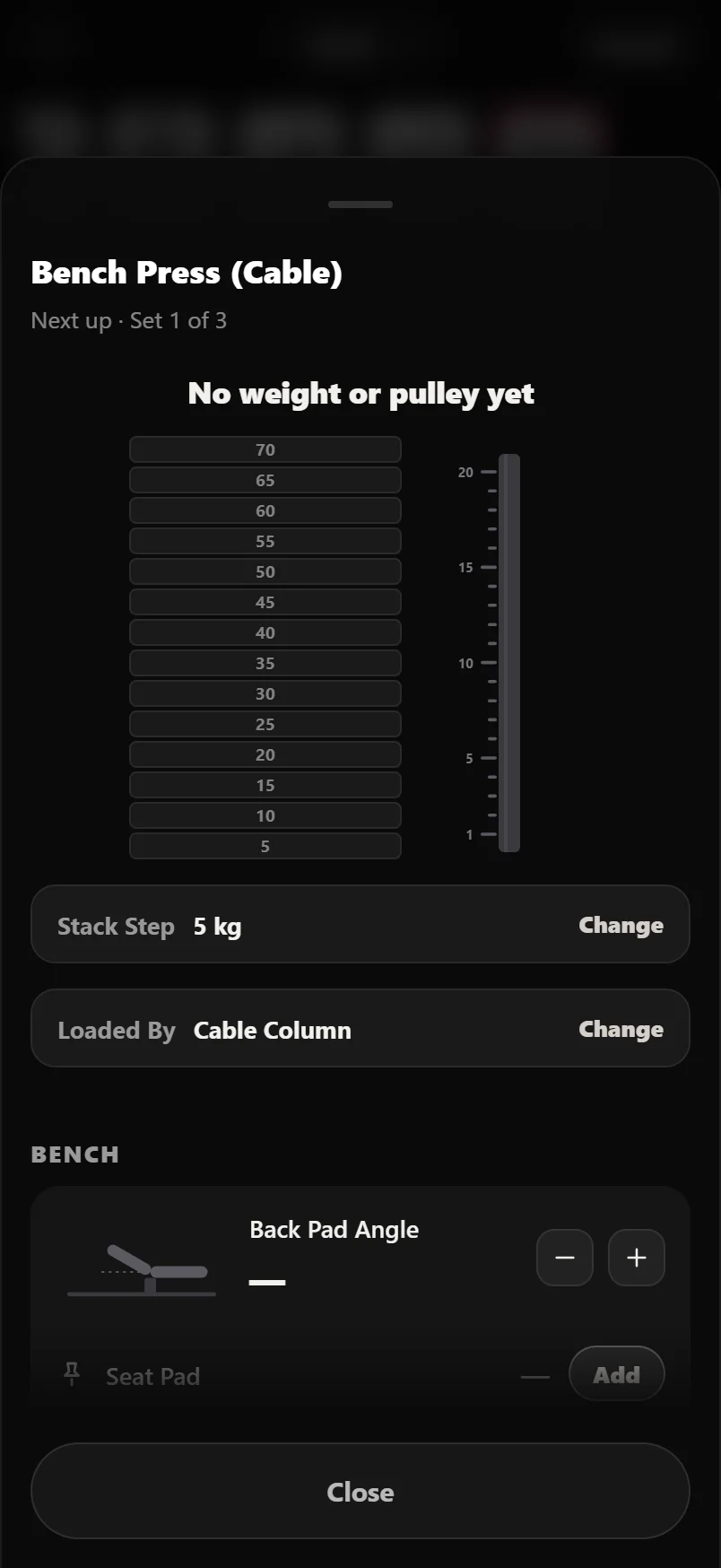 The Set Up sheet for a cable bench press with nothing logged: a weight stack drawn with no pin in it, beside a pulley column with no carriage on it