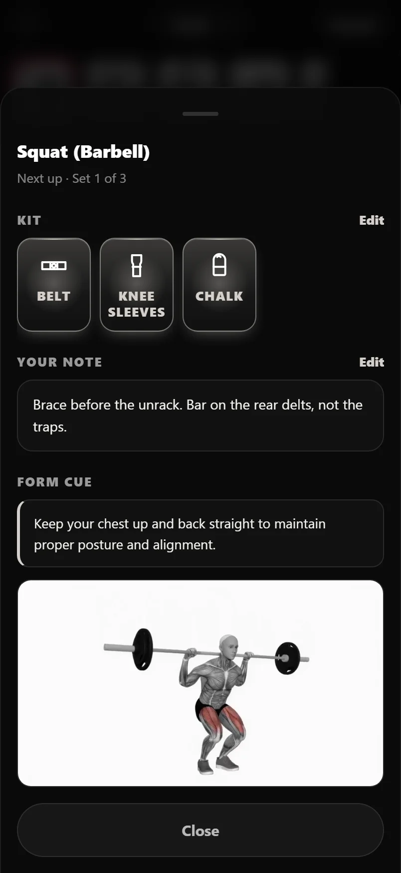 The Kit card showing drawn belt, knee sleeve and chalk glyphs, with the saved note and form cue underneath