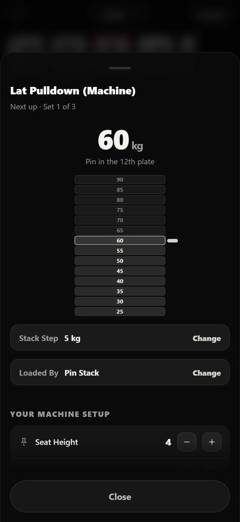 The Set Up sheet for a lat pulldown, drawing a weight stack with the pin sitting in one plate, above rows for the stack step and Loaded By