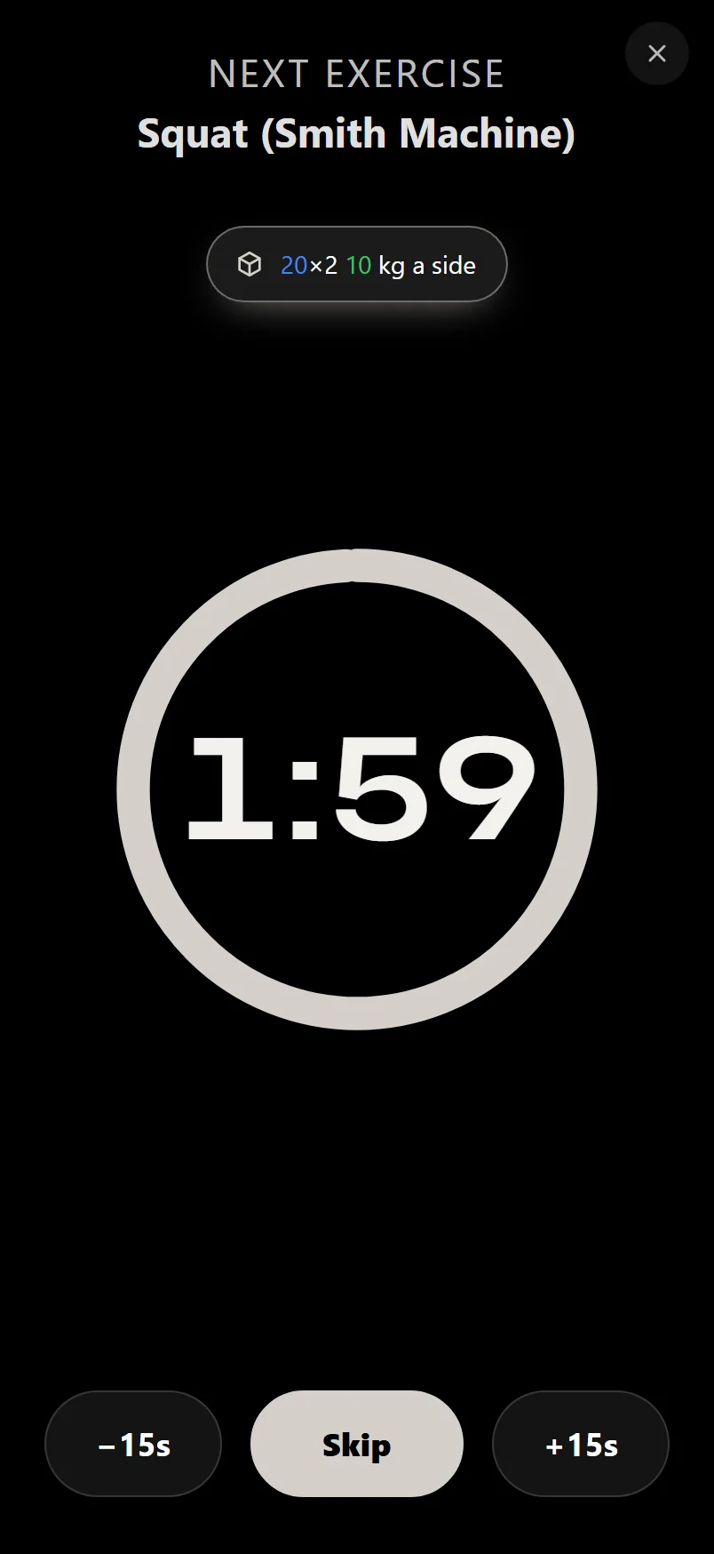 The Durata rest timer counting down, with the next exercise named above a pill reading 20×2 10 kg a side