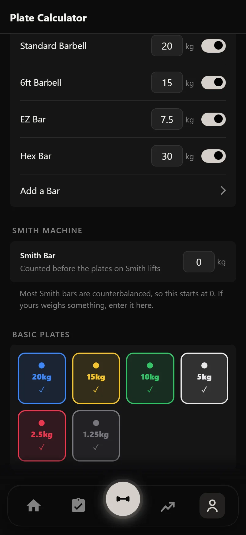Settings, Plate Calculator: the bar roster and plate inventory above a Smith Machine card holding the carriage weight