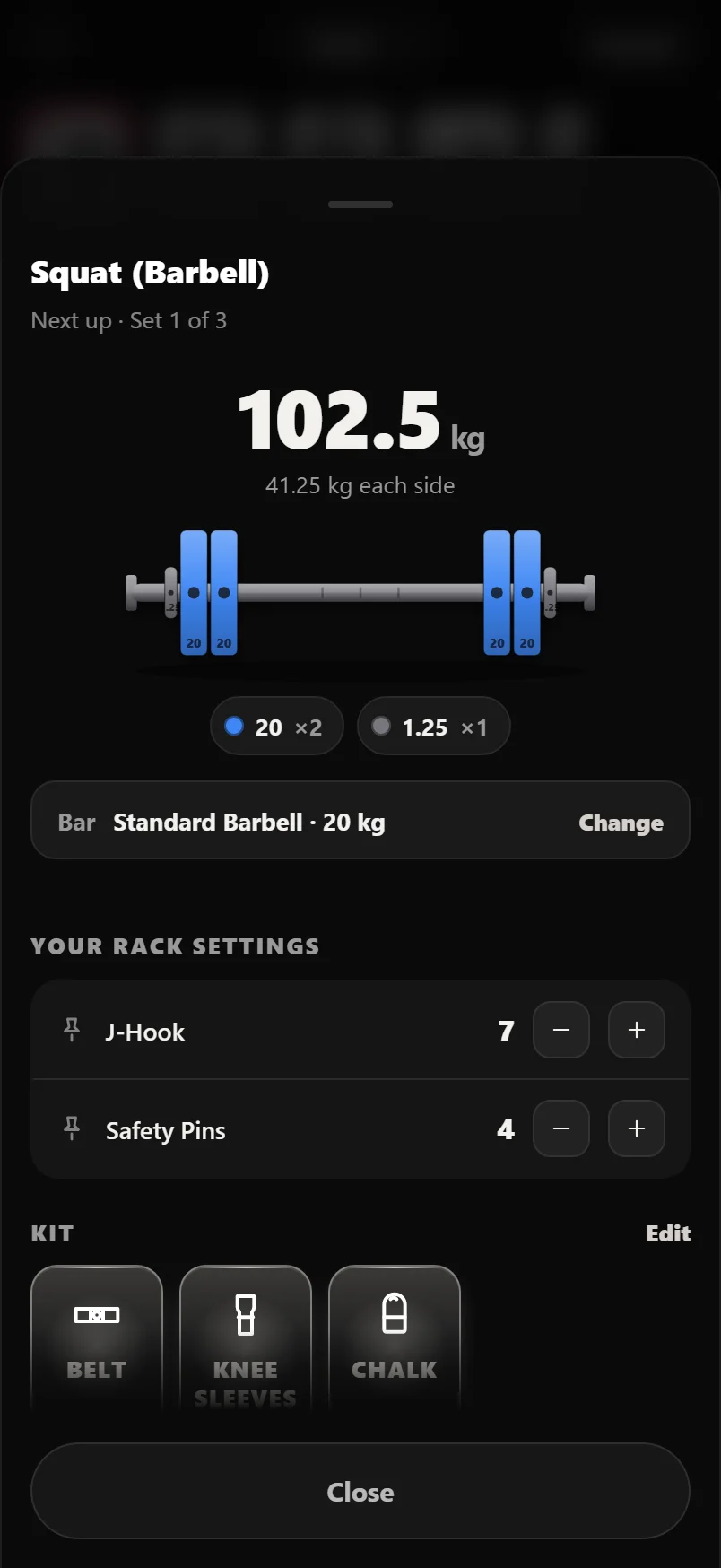 The Set Up sheet for a 102.5 kg barbell squat: total weight, 41.25 kg each side drawn as plates on a bar, plate count chips, the bar in use, and saved J-Hook and Safety Pins numbers