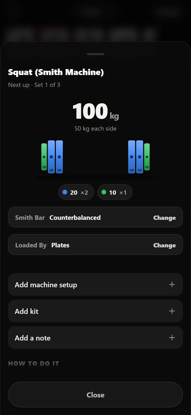 The Set Up sheet for a Smith machine squat showing a Smith Bar row reading Counterbalanced and a Loaded By row reading Plate Loaded