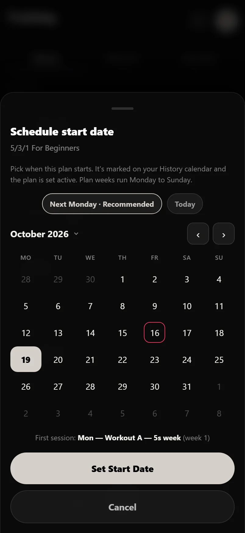 The Schedule start date sheet in Durata, with Next Monday recommended and a calendar