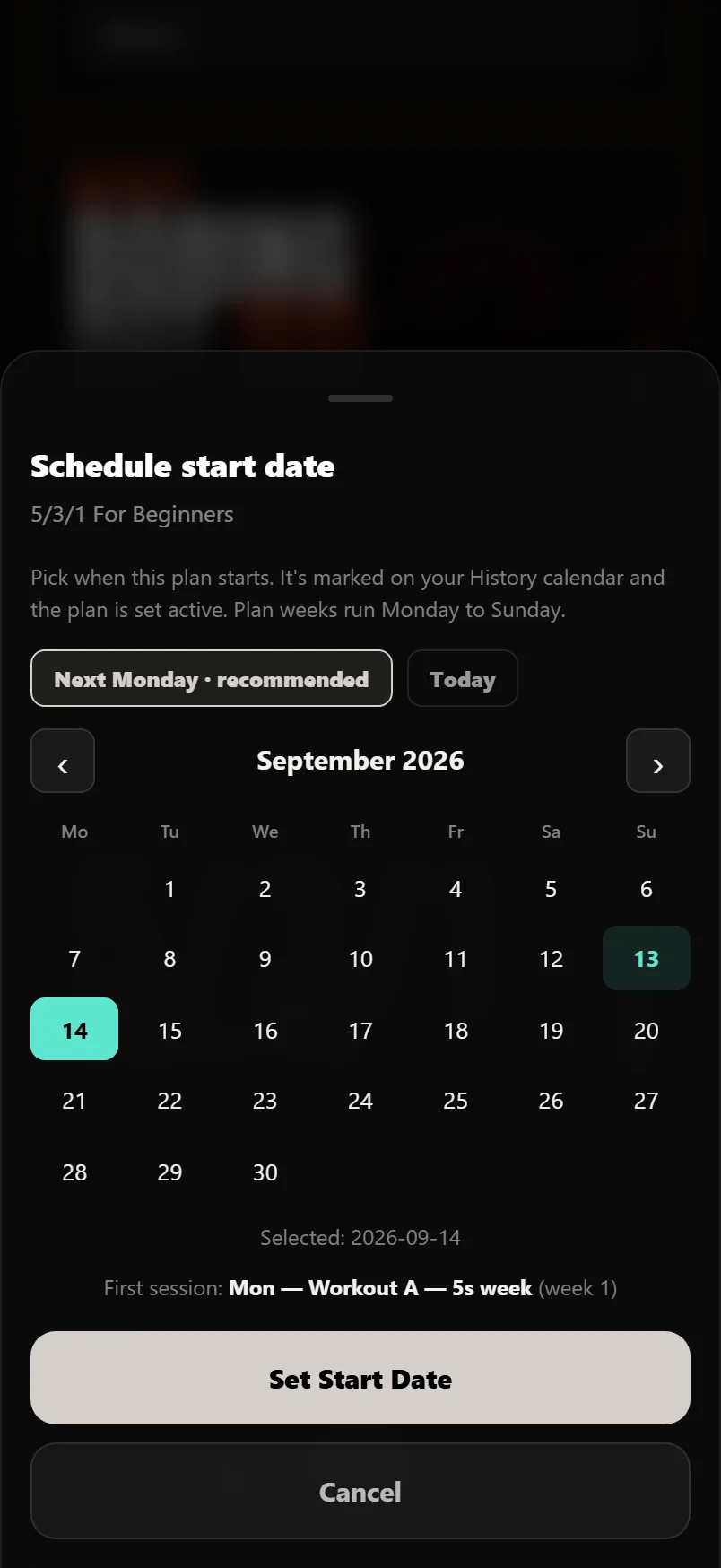 The Schedule start date sheet in Durata, with Next Monday recommended and a calendar