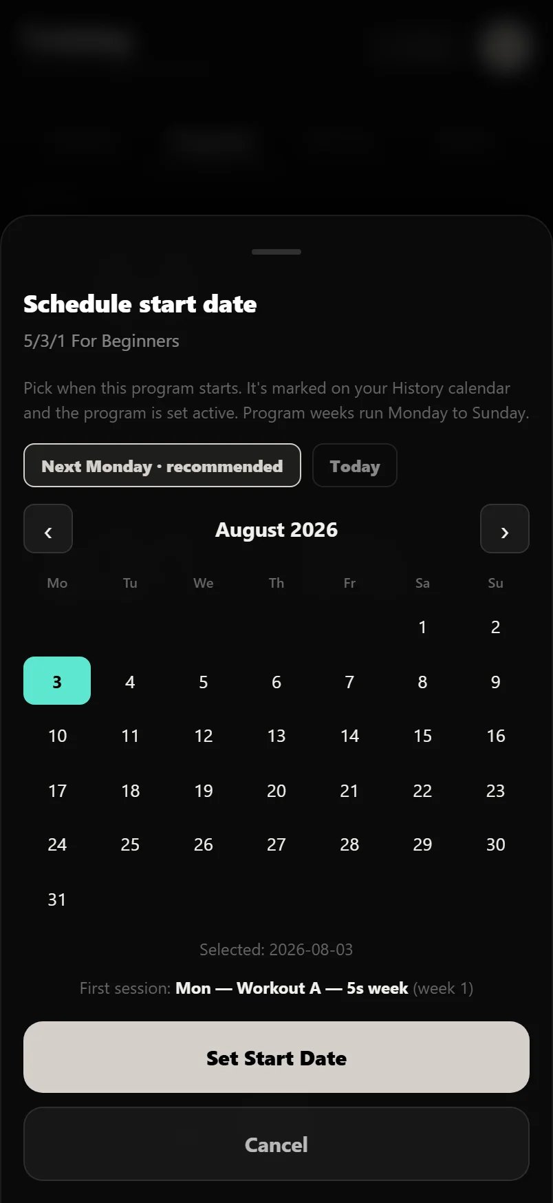 The Schedule start date sheet in Durata, with Next Monday recommended and a calendar