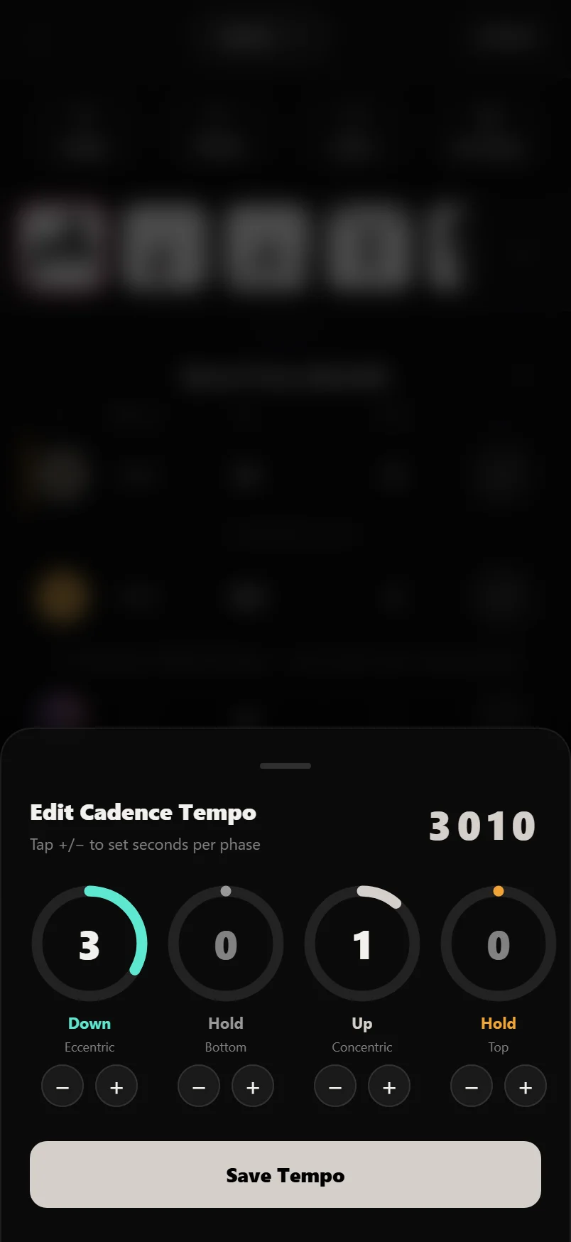 The tempo editor with four dials for eccentric, bottom hold, concentric and top hold phases