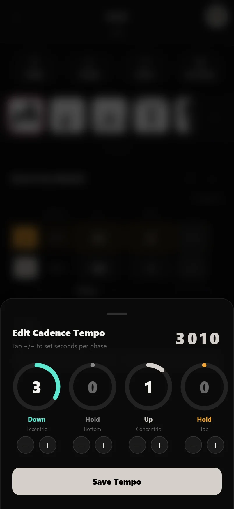 The tempo editor with four dials for eccentric, bottom hold, concentric and top hold phases