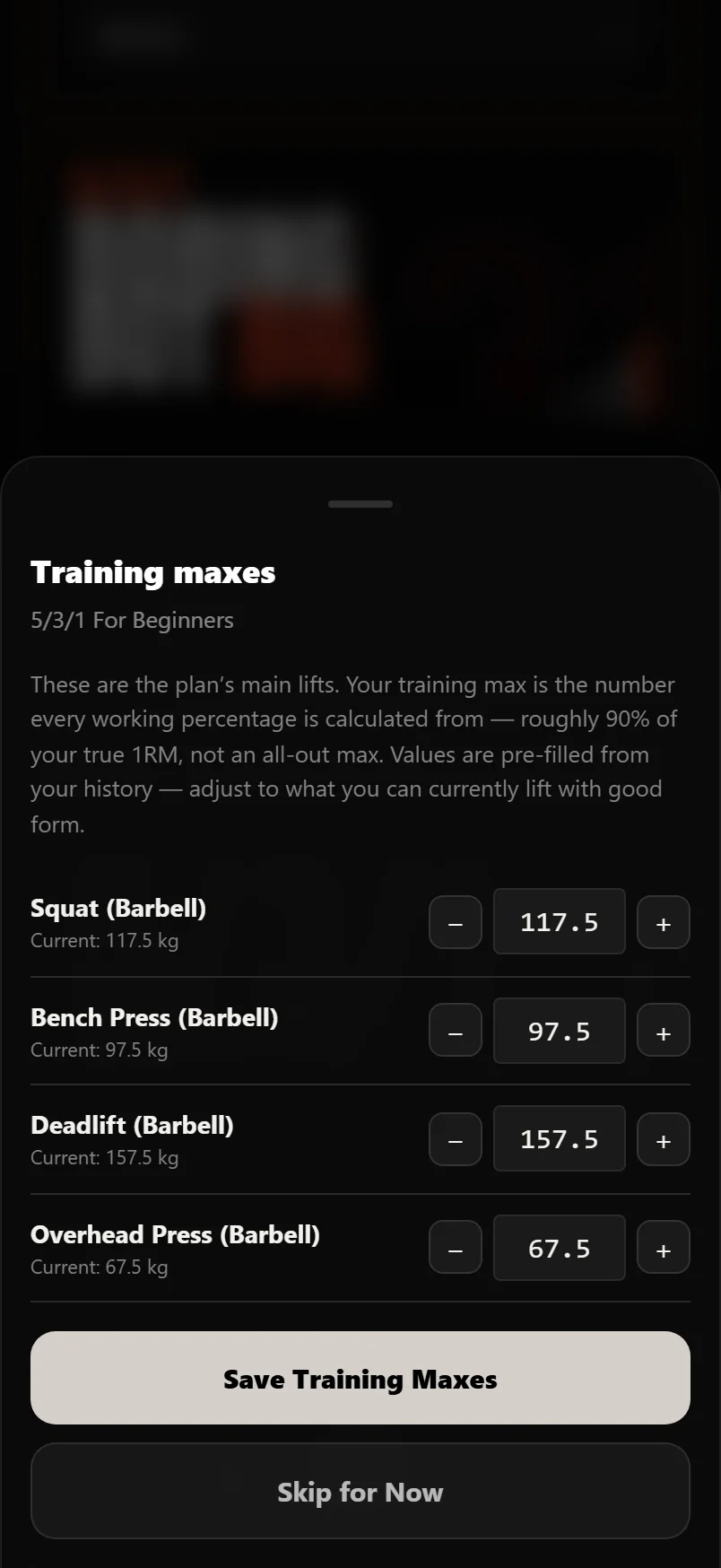 The Training maxes sheet in Durata: a row per main lift with a suggested training max
