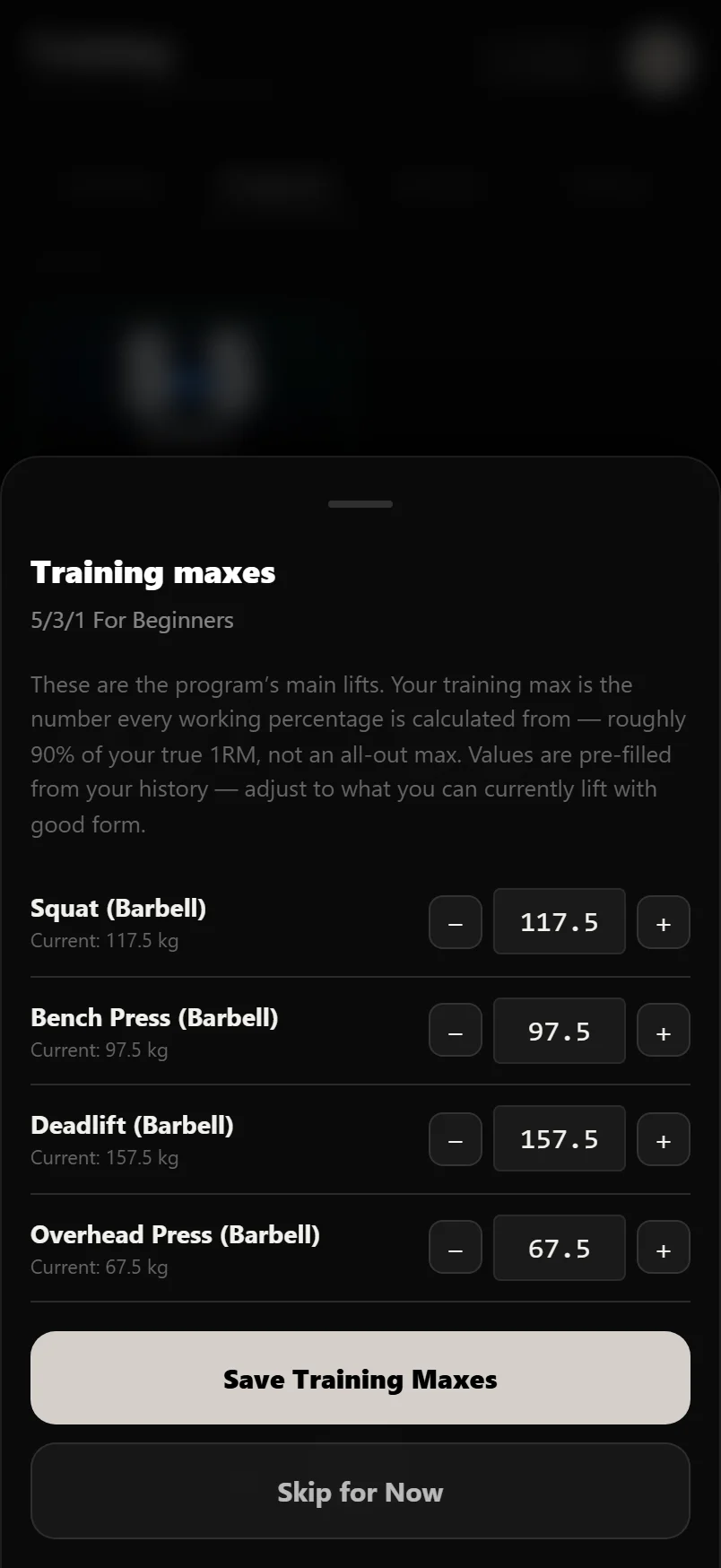 The Training maxes sheet in Durata: a row per main lift with a suggested training max