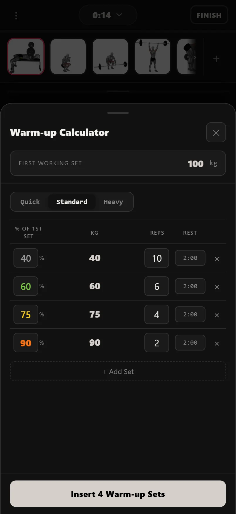 Durata warm-up calculator showing a ramp of warm-up sets as percentages of the first working set