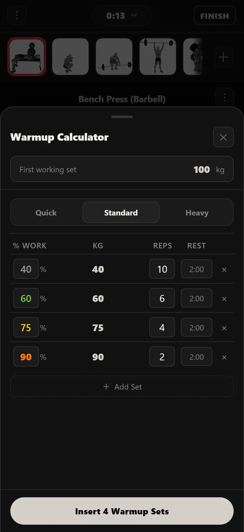 Durata warmup calculator showing a ramp of warmup sets as percentages of the first working set