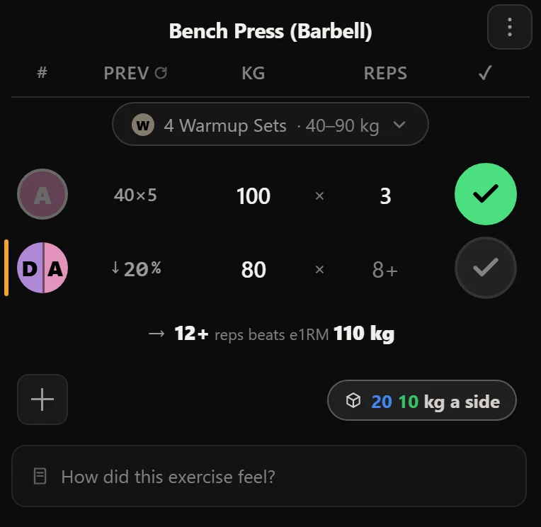 A Durata exercise card with the completed warmup sets folded behind a single W chip above the working sets