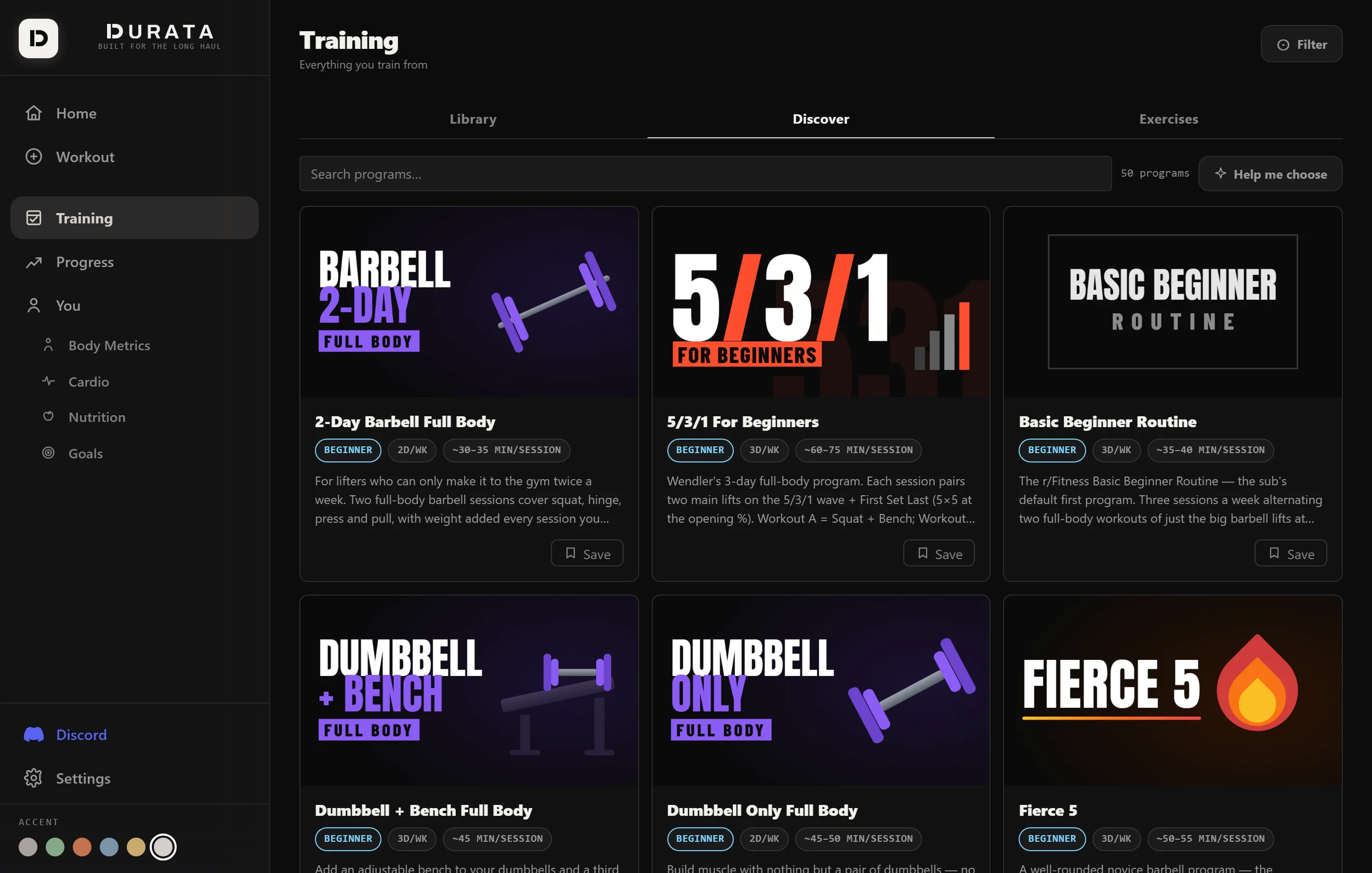 The program catalog's Discover tab on the web dashboard, with cover art in a wide grid